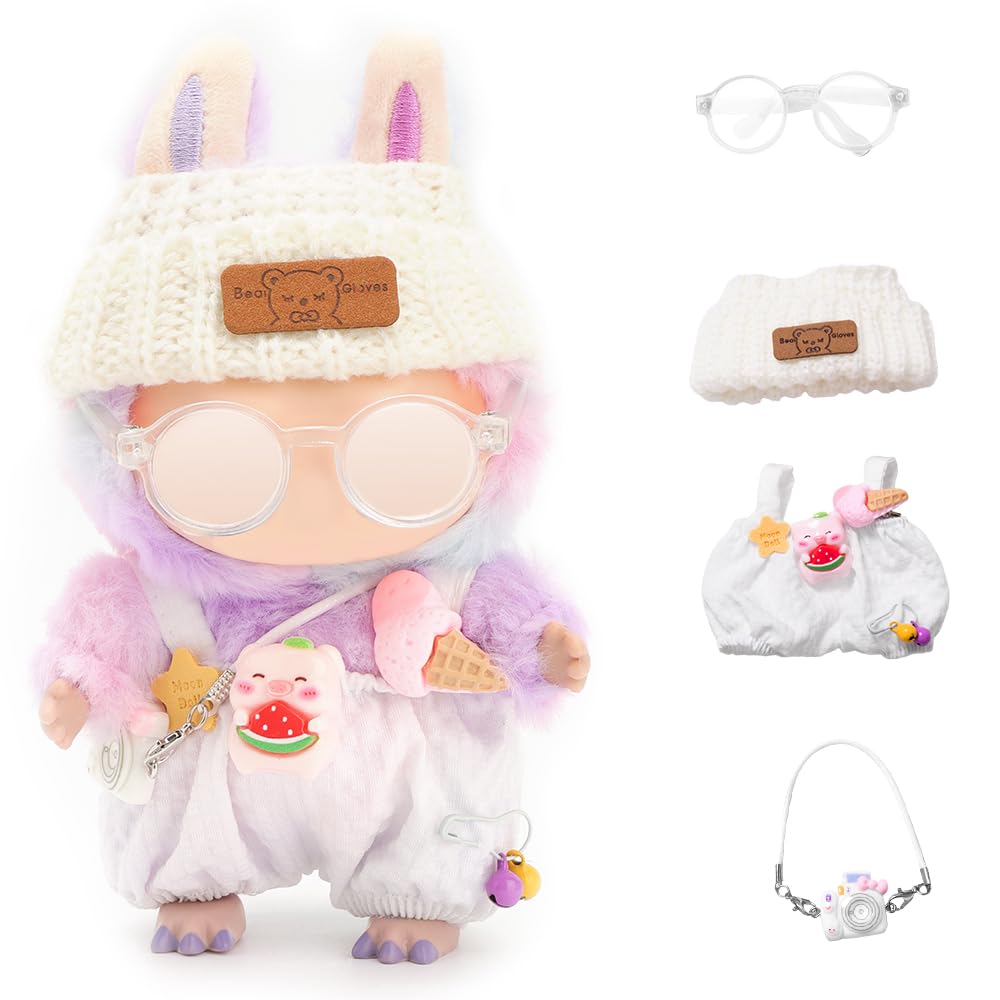 Doll Outfits for 17cm Plush Pendant Blind Box Figures,Hat and Overalls Set for Blind Box Doll,come with Glasses,Blind Box Figures Clothes Decoration Accessories (White)