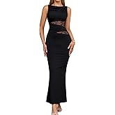 EYNMIN Lace Long Formal Wedding Guest Dress Cut Out Boat Neck Sleeveless Ruched Bodycon Maxi Dresses for Women