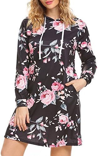JINGJQINGCAO Chic Women's Floral Long Sleeve Pullover Hoodie Sweatshirt Jumper Dress With Pocket dd 47Small