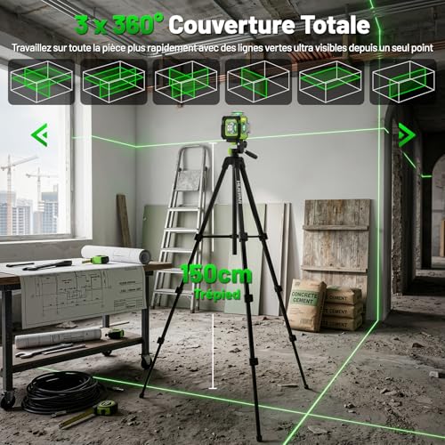 Niveau Laser 360 Autonivelant avec Trépied 152cm, Huepar 3x360 Croisé Laser Vert avec Mode Impulsion, 40m Compacte 3D Laser Niveau Rechargeable, Base Magnétique – Précision Pro pour Chantier&Bricolage