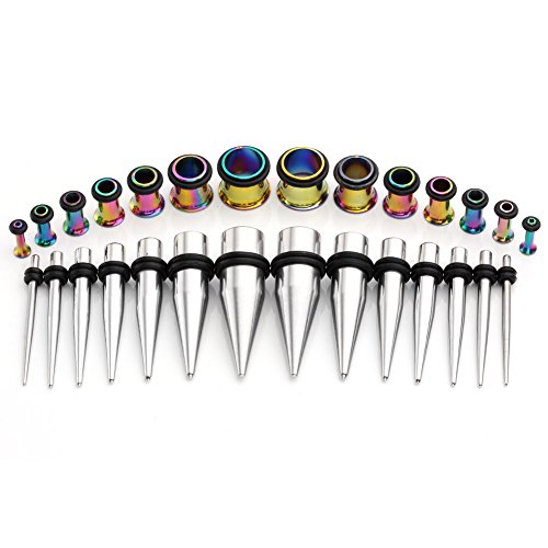 PiercingJ 28pcs 12G-00G Surgical Stainless Steel Tapers Stretching Kit + 12g-00G Single Flared Ear Tunnel Stre