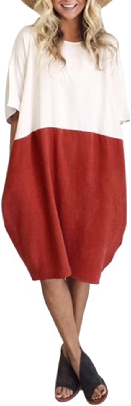 Yissang Women's Loose Patchwork Half Sleeve Casual Long T Shirt Dress with Pockets Brown Medium