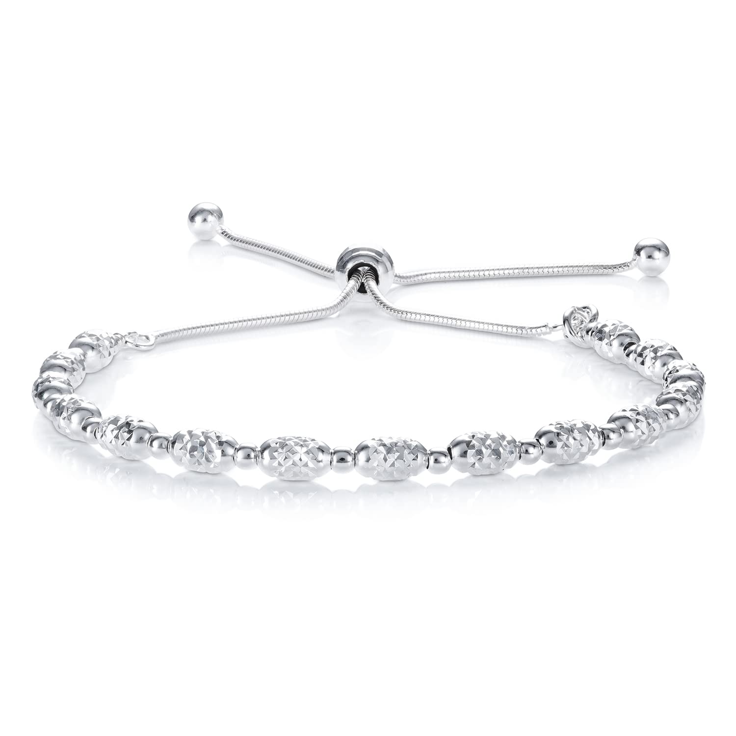 Diamond Treats 925 Sterling Silver Bracelet for Women and Teen Girls With Diamond Cut Oval Beads, Adjustable Silver Jewellery Gift