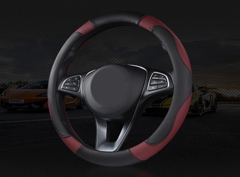 Istn Unisex's Sport Style Contrast Color Non-slip Sweat Good Breathable PU Leatherette 15 inch Car Steering Wheel Cover 38cm (Wine Red)