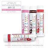 Sweet Lips SPF 15 Lip Balm by L'AUTRE PEAU - Dry Chapped Lips Treatment with Moisturizer for Sun Protection | Merry-Go- Round Madness Gift Set | Cherry, Bubblegum, Chocolate & Watermelon (4 Pack)