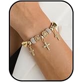Gold Cross Beaded Bracelets for Women,Flower Cubic Zirconia Heart Pendent Adjustable Statement Trendy Non Tarnish Bracelets Jewelry Gifts for Women