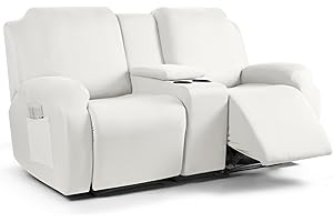 TAOCOCO Reclining Loveseat with Middle Console Slipcover, 4 Piece Polyester Fabric Stretch Loveseat Reclining Sofa Covers (Milk White, 2 Seat Recliner Cover with Console)