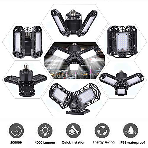 Led Garage Lights, Deformable Shop Lights for Workshop, 4000LM, 40W Led Lights for Garage Ceiling Screw in, Adjustable Triple Glow Led Garage Light, LED Light Bulbs for Warehouse, Corridor, Stadium - Thumbnail 4