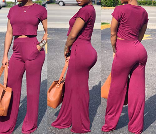 Women Solid O-Neck Short Sleeve Crop Tops High Waist Flare Long Pants Jumpers 2 Piece Outfits - Thumbnail 2