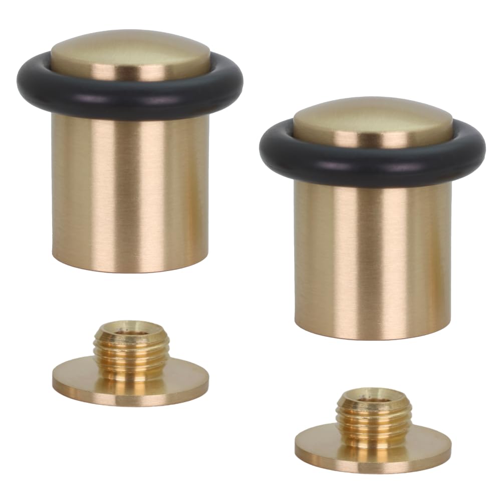 EVI Herrajes | Pack of 2 Brass Door Stops | Ø24x35mm | Floor Mounted | Matte Finished Brass | Black Silicone Protection | Includes Screw + Fastening Plug | Model I-10824X35-MT