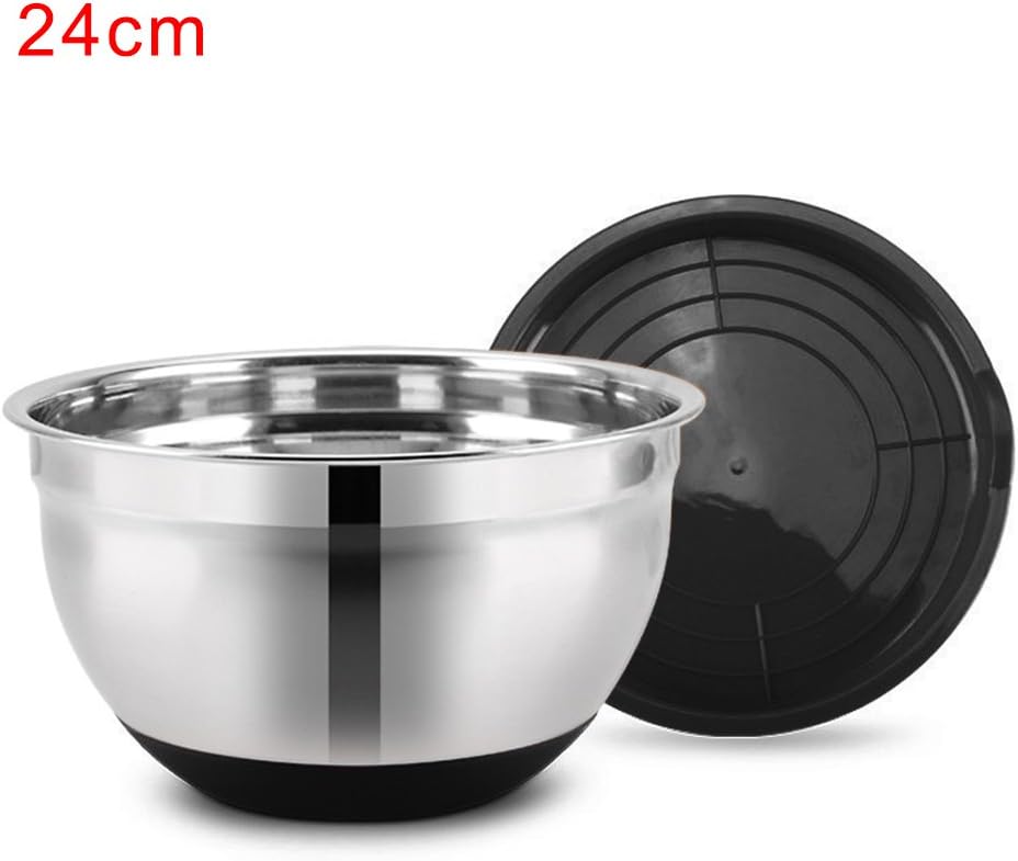 Tableware Silicone Bottom Food Container Thickened Stainless Steel Non-Slip Kitchen Utensil Mixing Bowl with Lid(24cm)