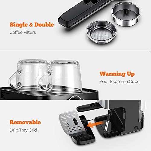 JASSY Espresso Coffee Machine, 19 Bar Pump Espresso Maker With Milk Frother Steam Wand, for Cappuccino, Latte, Mocha, Macchiato, Thanksing Christama Present, Black(JS101)