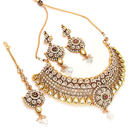 Jewar Mandi Women's Pearl Necklace Set Bridal Kundan Polki Bollywood Stylish CZ Jadau4 & Tika White