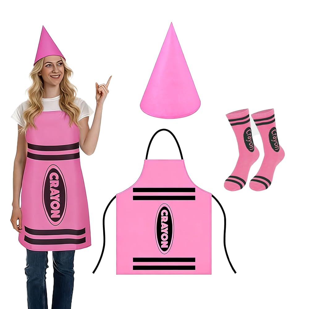 CYZTD Crayon Costume Adult Set,Orange Crayon Fancy Dress with Apron,Cone Hat & Socks,World Book Day Costumes for Women Men,Halloween Cosplay Outfit for Themed Parties,Christmas,Book Week (Pink)
