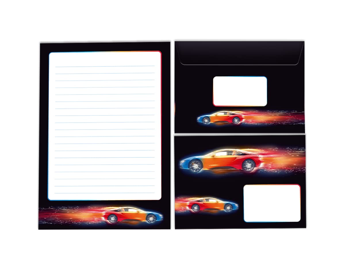 Writing Paper Set Letter Pad with Envelope for Children Racing Car Children's Motif Boys (A5 Pad with 25 Sheets + 15 Envelopes)