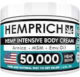 Hemp Cream 50,000mg | 4oz - Made in USA - Back, Neck, Knee Pain Relief - Natural Hemp Oil Cream - Anti Inflammatory - Fast Sore Muscle & Joint Relief - Arnica, MSM, EMU Oil & Glucosamine - Non-GMO