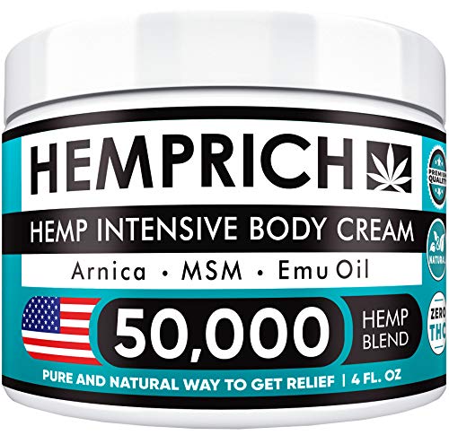 Hemp Cream 50,000mg | 4oz - Made in USA - Back, Neck, Knee Pain Relief - Natural Hemp Oil Cream - Anti Inflammatory - Fast Sore Muscle & Joint Relief - Arnica, MSM, EMU Oil & Glucosamine - Non-GMO