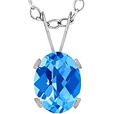 Gem Stone King 14K White Gold Swiss Blue Topaz Solitaire Pendant Necklace For Women | 1.60 Cttw | Gemstone November Birthstone | Oval Checkerboard 8X6MM | With 18 Inch Chain