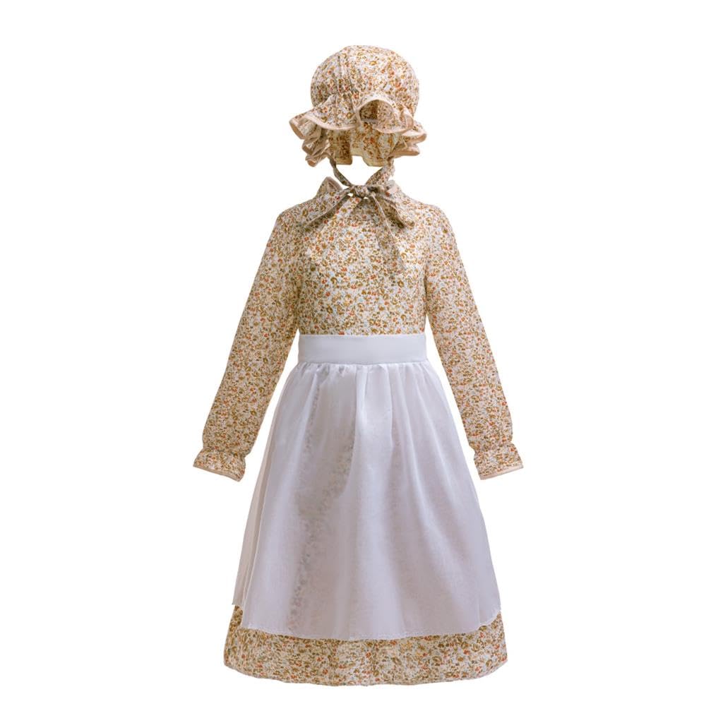 Lito Angels Kids Girls Medieval Fancy Floral Dress Traditional Village Country Maid Costume with Apron and Bonnet Hat Age 5-6 Years, S