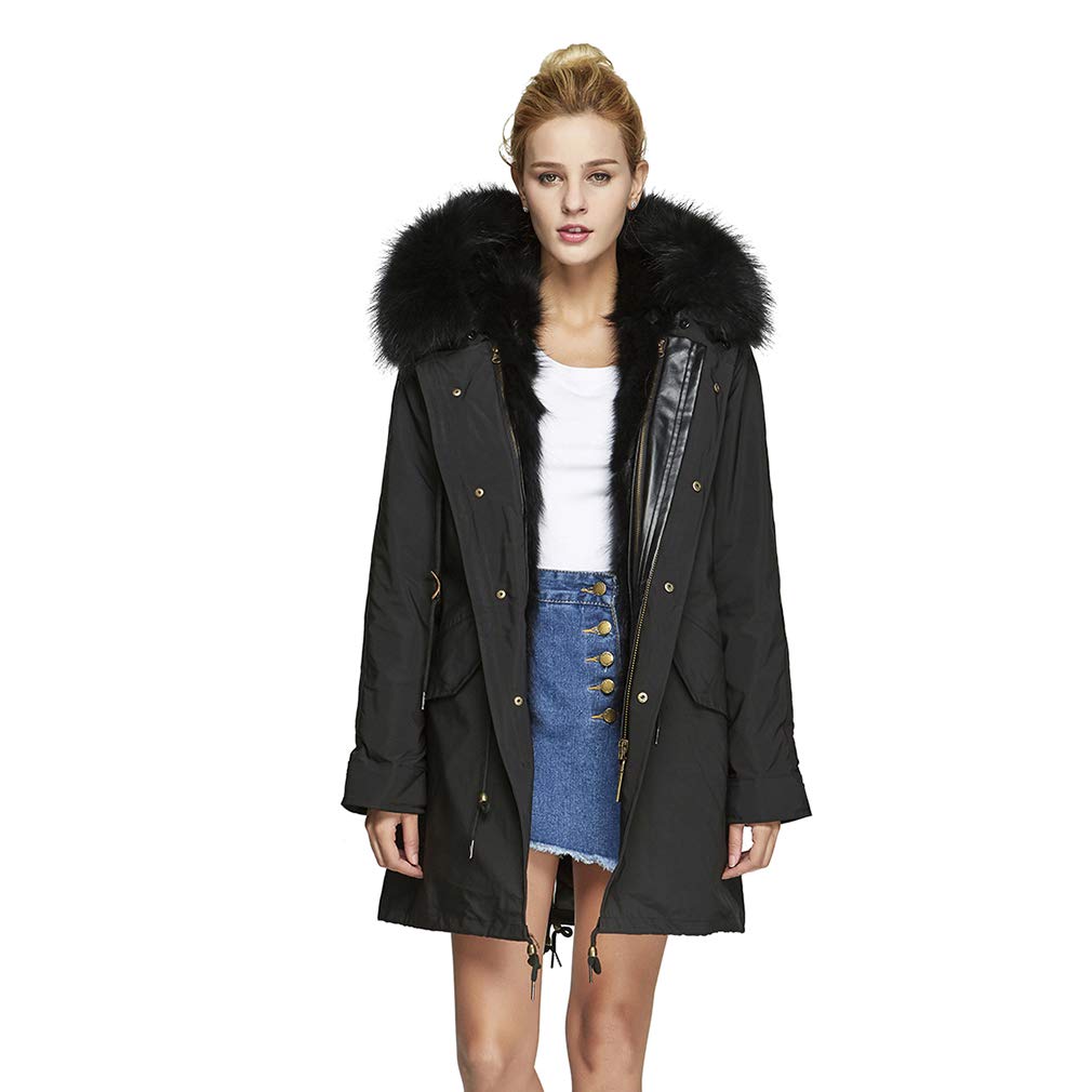 fur story Women's Parka Jacket with Raccon Fur Thick Hooded Long Winter Fur Coat