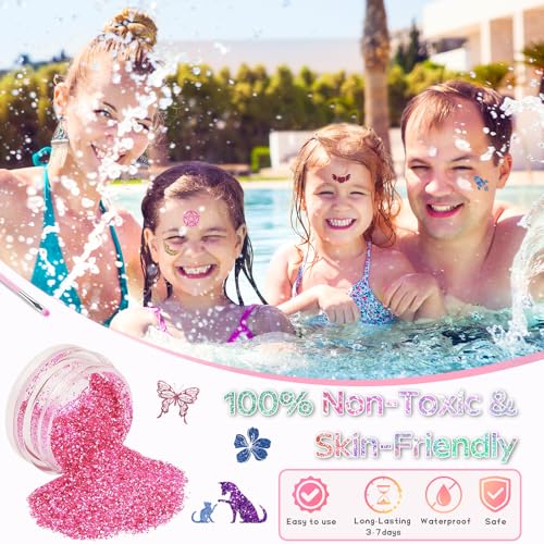 Children's Glitter Tattoo Set, 48 Colours, Glitter Tattoos, Girls, 540 Stencils, 115 Rhinestones, 5 Brushes, 4 Glues, Waterproof Temporary Tattoos for Children, Gift for Birthday, Party, Christmas