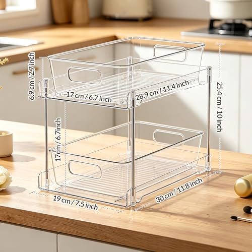 Juego de 4 Organizadores de Cocina Transparentes, 2 Niveles de Organizador de Baño Deslizante, Estantes de AcríLico Organización de Despensa para Despensa, Cocina, Dormitorio, Baño