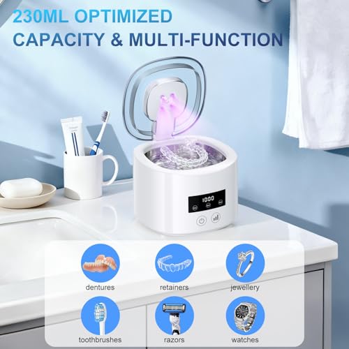 Ultrasonic Cleaner 50 kHz, Rechargeable Ultrasonic Cleaner 2000 mAh with 4 UV Lamps, 230 ml Container for Dentures, Toothbrushes, Aligners, Retainers, Dentures, Jewellery – White