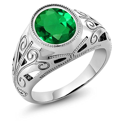 3.80 Ct Oval Green Nano Emerald 925 Sterling Silver Men's Ring (Available in size 7, 8, 9, 10, 11, 12, 13)