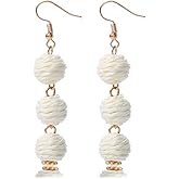 Boho Long Raffia Ball Earrings Beaded Ball Earrings,Women Rattan Drop Dangle Ball Earrings for Women,Braid Straw Wicker Statement Earrings