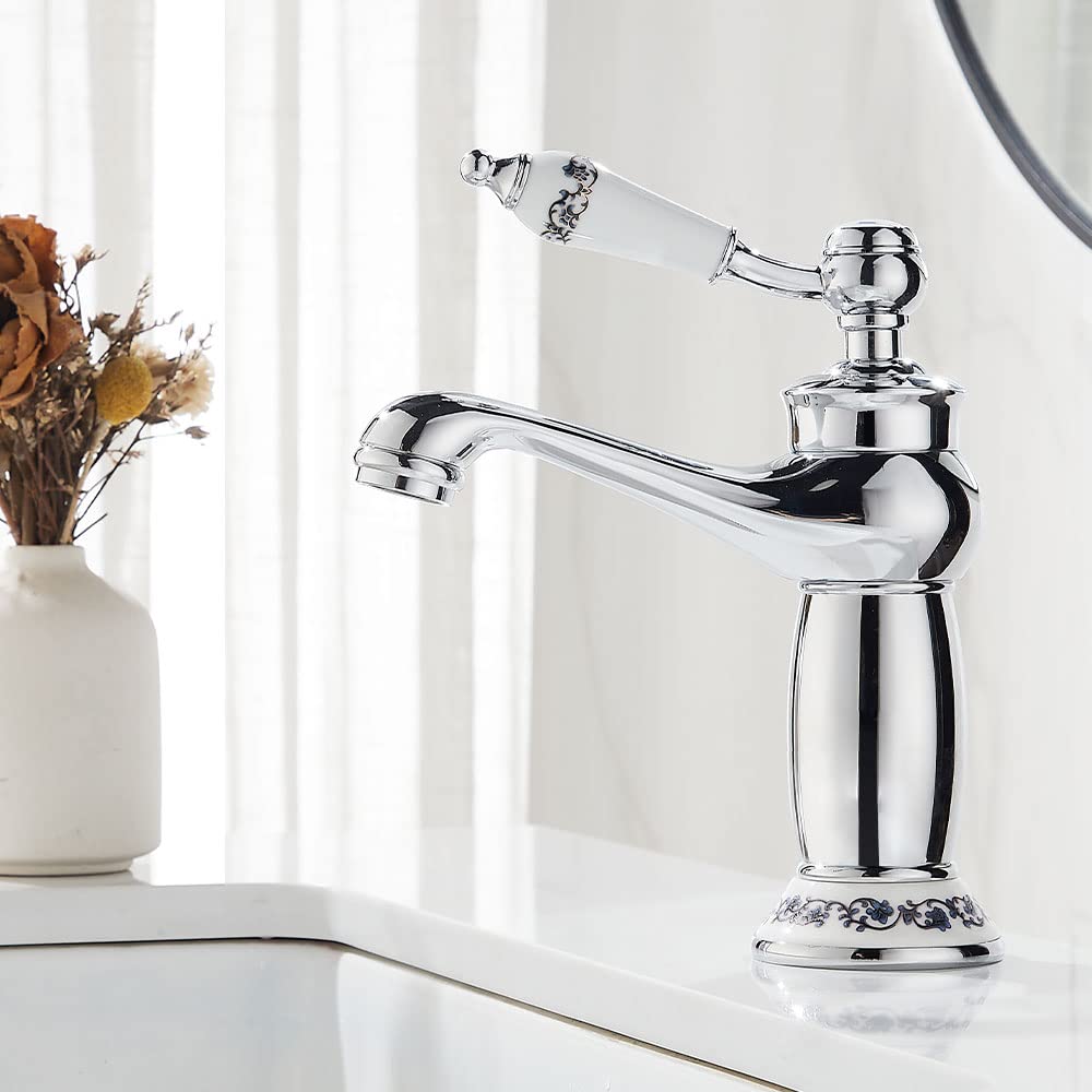 Maynosi Retro Bathroom Basin Mixer Tap, Luxury Victorian Mixer Taps with Floral Ceramic Handle, Single Lever Mono Vintage Sink Tap for Cloakroom, Include Flexible Tails, Brass (Chrome)