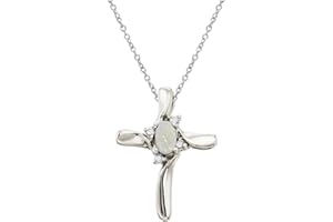 FB JEWELS Solid 10k White Gold Genuine Birthstone Gemstone and Diamond Cross Pendant (0.15 Cttw.)