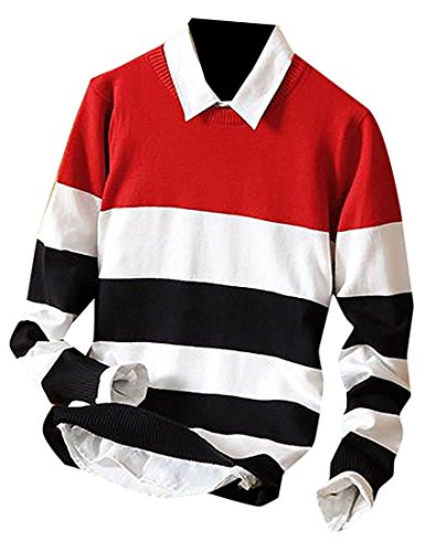 Kebinai Fashion Mens Stripe Lightweight Slim Fit Autumn Knit Pullovers Sweaters RedUS Large