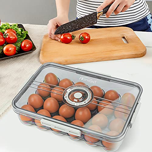 HANSGO Egg Holder for Refrigerator, Clear Egg Tray Storage Box with Lid Deepen and thicken Egg Storage Stackable PET Plastic Egg Containers Hold Up to 24 Eggs, Grey