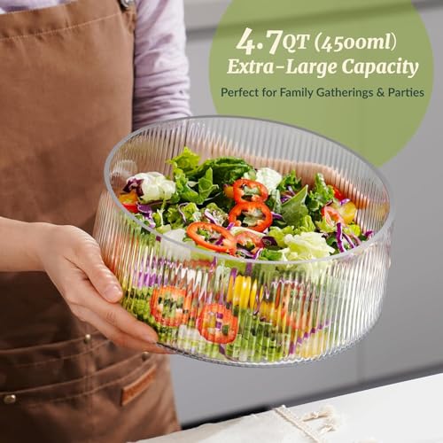 SLEEPHEAD® Extra Large Glass Salad Bowl with Natural Acacia Wood Base, Ribbed Design Oversized Capacity for Family Dinners, Parties, Multipurpose for Serving Salads, Fruits, Wine