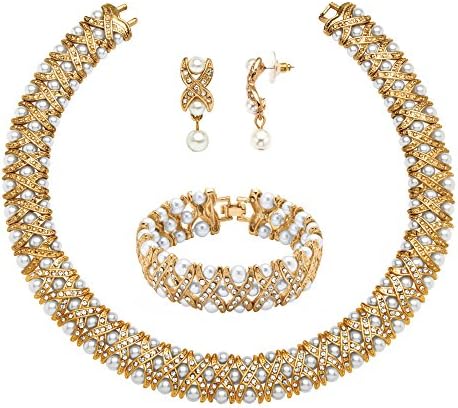 White Simulated Pearl and Crystal Yellow Gold Tone 3-Piece Necklace, Earrings and Bracelet Set 18"