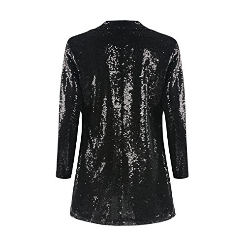 HaoDuoYi Women's Sparkly Sequins Pocket Side Open Front Casual Coat Jacket(L,Black)