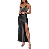 Cosonsen Women's Cocktail Party Dress Satin V-Neck Spaghetti Strap Split Open Back Long Maxi Dresses