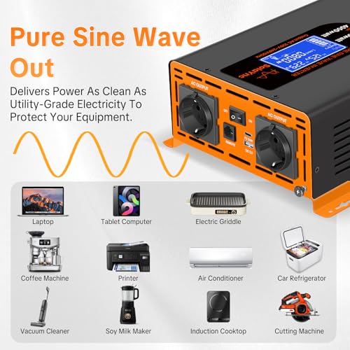 SolaYnc 2000W/4000W 12V 220V/230V Pure Sine Inverter DC AC Sine Wave Inverter, with LCD Display, Remote Control, 2 EU AC Sockets, Type-C 30W Interface and USB Port, for Cars, Boats, Trucks