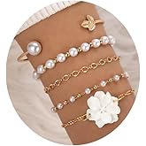 GIGB PBDK 5 Pcs Set Gold Floral Pearl Bracelet for Women, Leaves White Flower Petal Layered Bangles, Pearls Beads Adjustable Chain Link Bracelet, Trendy Jewelry Gifts