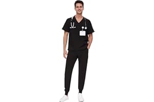 Scrubs for Men - 4 Pockets V-Neck Scrub Top and 7 Pockets Jogger Pants Mens Scrubs Set