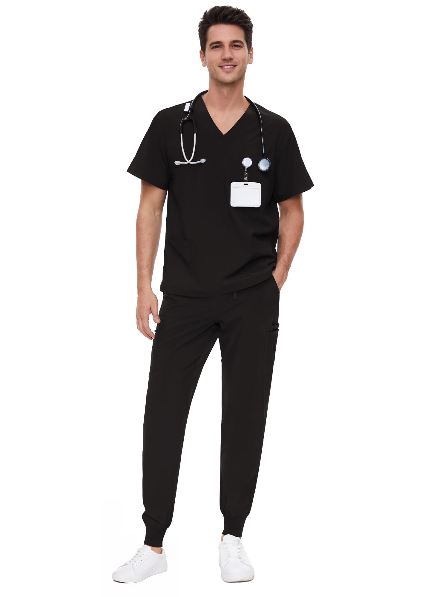 COZYFIT Scrubs for Men - 4 Pockets V-Neck Scrub Top and 7 Pockets Jogger Pants Mens Scrubs Set, Black, 5XL, Tall Image