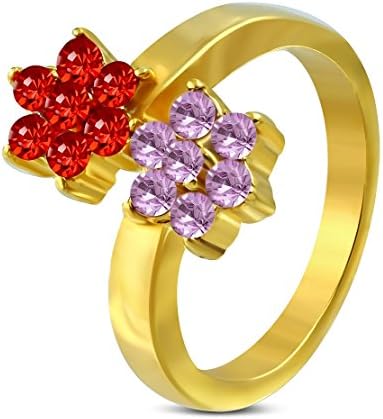 Gold Color Plated Stainless Steel Flower Bypass Ring with Light Siam Red &amp; Purple/ Violet CZ