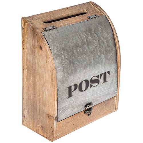 Post Rustic Wall Mounted Mailbox Large Outdoor Galvanized Metal and Wood Post Drop Box Vertical Letterboxes for Houses Front Porch Rural Residential Decorative Mailing Exterior Hanging Postbox