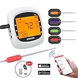 Meat Thermometer for Grilling, Wireless Blutooth BBQ Thermometer Digital Cooking Thermometer with 4 Stainless Steel Probes, Alarm Monitor for BBQ Smoker Oven Kitchen, Support IOS & Android (White)