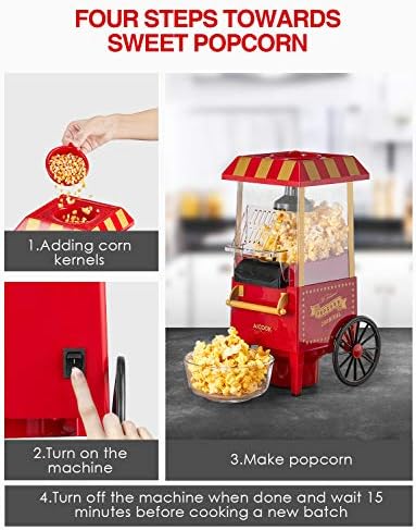 Aicook Machine à Pop Corn, 1200W Retro Machine à Popcorn avec Air Chaud, Sans Gras Huile, Facile á L'utilisation, Rouge