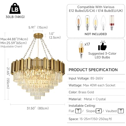 AOOCHOK Modern Gold Crystal Chandelier, Round Crystal Hanging Chandeliers, Ideal for Living Room, Dining Room, Bedroom and Restaurant, Φ80cm