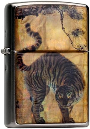 Mother of Pearl Handmade Tiger under Pine Tree Painting Yellow Design Flip Top Windproof Metal Chrome Pocket Oil Cigarette Tobacco Smoking Camping Lighter