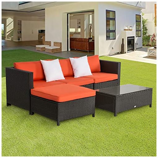 Peachtree Press Inc 5 Pcs Outdoor Patio Pe Rattan Wicker Sofa Sectional Furniture Set With 2 Pillows And Coffee Table Beachfront Decor