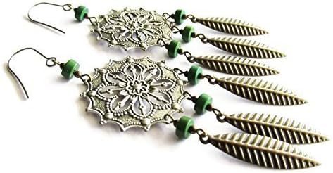 Long Antique Silver Mandala and Antique Brass Metal Feather Bohemian Chandelier Earrings with Green Stone Beads | Handcrafted Jewellery for Women