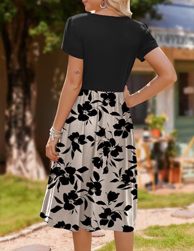 ZEAGOO Summer Dress Women's Elegant Dresses Short Sleeve Crew Neck Midi Dress A-line Flower Dress Casual Tunic Dress High Waist Beach Dress with Pockets S-XXL